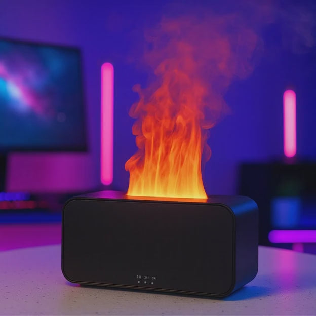 Air mist humidifier with fireplace effect